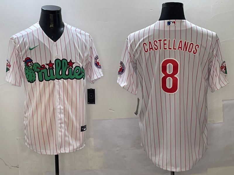 Men Philadelphia Phillies #8 Castellanos White Stripe Three generations Joint Name Game 2025 Nike MLB Jersey style 5